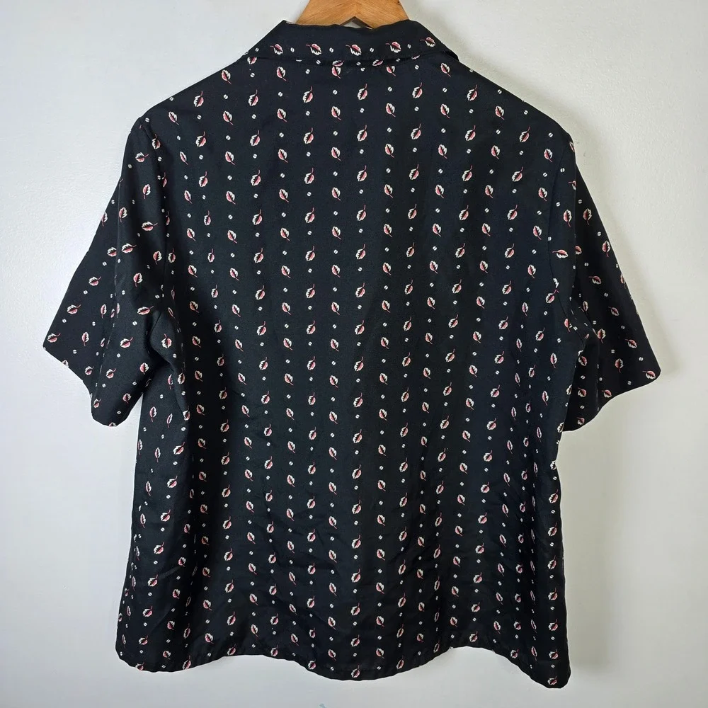Vintage Caribou Black Floral Print Button Up Short Sleeve Blouse Women's Size XL